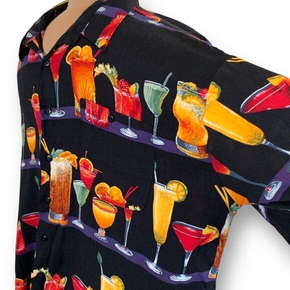 Vintage 90s Shirt Black Cocktail Short Sleeve Boxy Camp Hawaiian Printed XXL - Picture 6 of 13